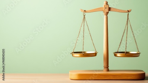 Wooden Balance Scale with Golden Trays on a Green Background