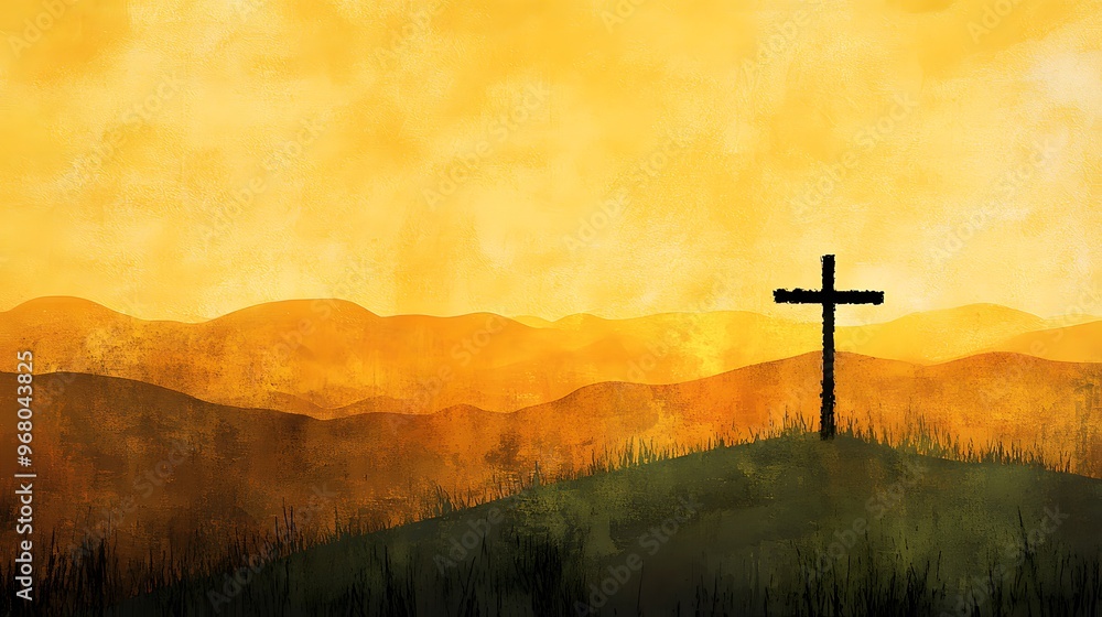 A digital painting of an Easter scene with the silhouette of crosses on top of small hills, against a backdrop of golden and pink sky, symbolizing Jesus' triumph over death
