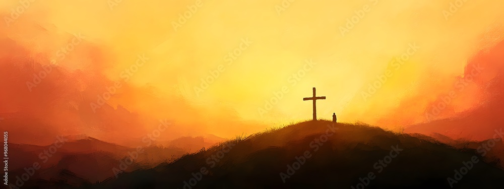Obraz premium A digital painting of an Easter scene with the silhouette of crosses on top of small hills, against a backdrop of golden and pink sky, symbolizing Jesus' triumph over death