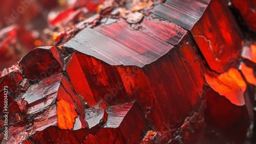 Close-up of cinnabar crystal revealing its intense red color and intricate geometric formations