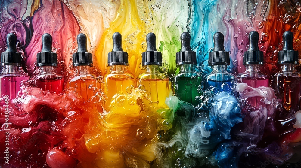 Colorful Bottles with Dropper in Swirling Liquid Colorful Bottles with Dropper in Swirling Liquid