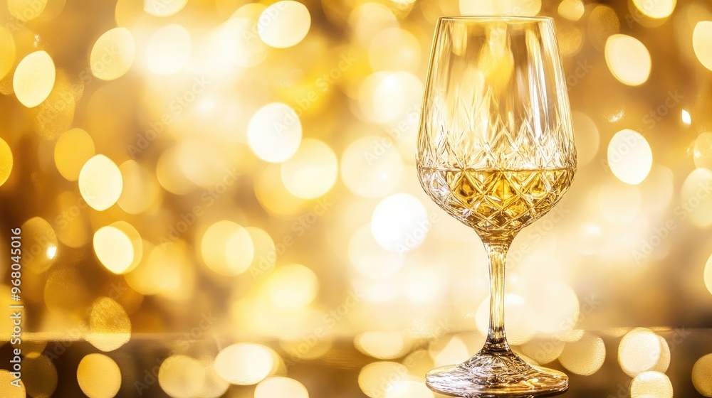 An elegant crystal wine glass on a reflective surface with a blurred golden light background, creating a festive feel An elegant crystal wine glass on a reflective surface with a blurred golden light background, creating a festive feel