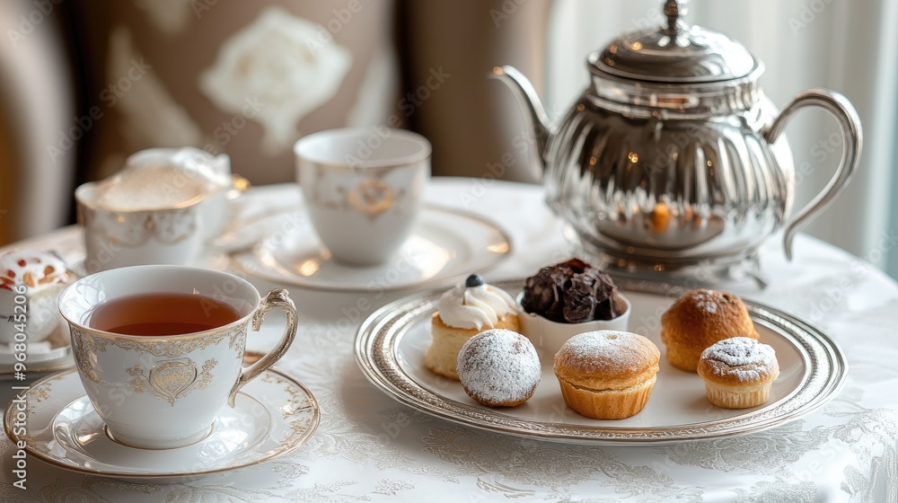 An elegant tea set with fine porcelain cups, a silver tea pot, and a tray of delicate pastries An elegant tea set with fine porcelain cups, a silver tea pot, and a tray of delicate pastries
