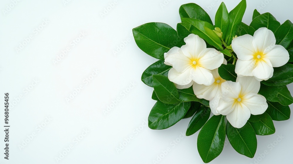 White Flowers with Green Leaves on a White Background White Flowers with Green Leaves on a White Background