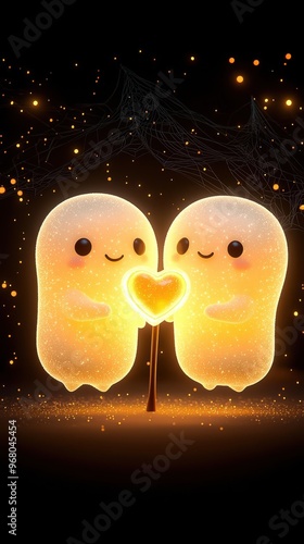 Chubby cute ghostly farm animals using a cobwebcovered pitchfork, holding heartshaped icecream, Halloween love, 3D illustration photo