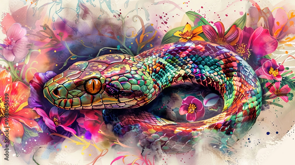 Discover this breathtaking art, featuring a vibrant snake amid colorful, Discover this breathtaking art, featuring a vibrant snake amid colorful,