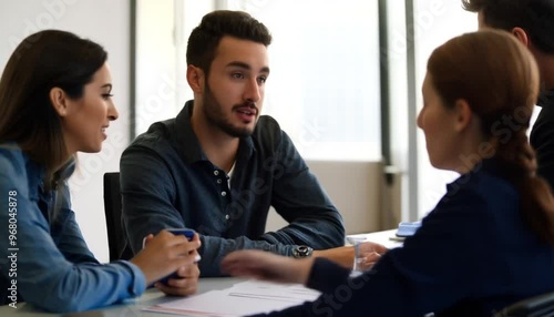 Shot of a group of young coworkers talking at a deask
 photo