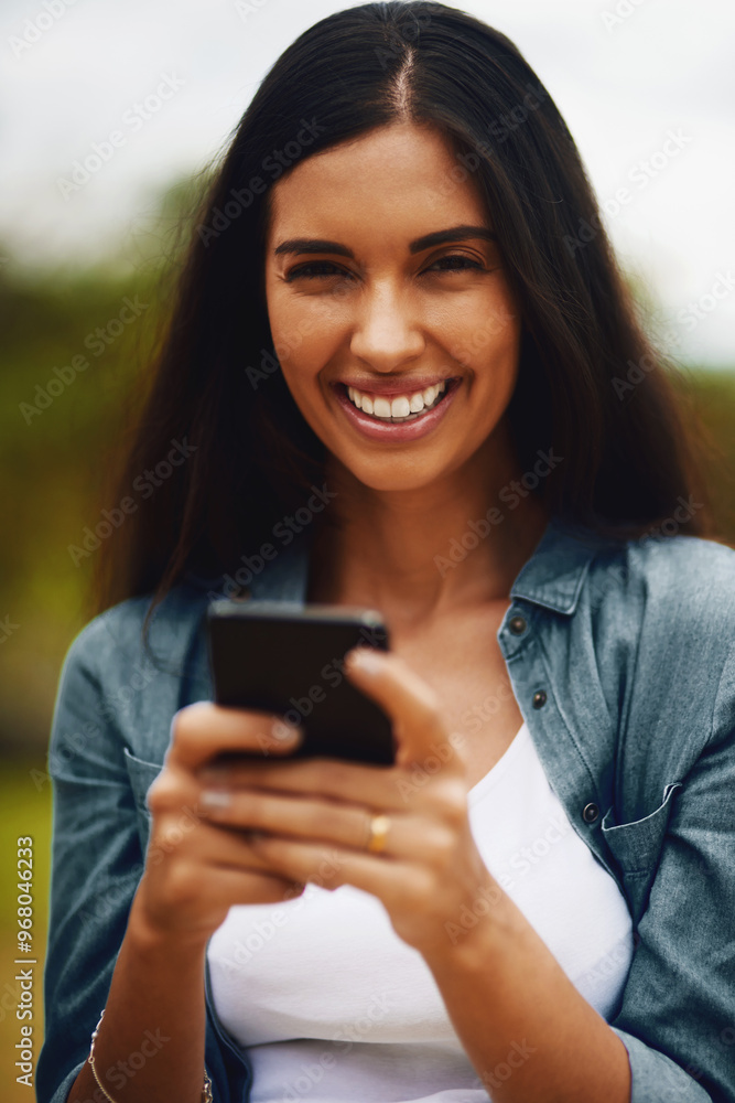 Portrait, outdoor and woman with smartphone, typing and social media with network, digital app and break. Person, mobile user or girl with cellphone, internet and connection with smile or online joke Portrait, outdoor and woman with smartphone, typing and social media with network, digital app and break. Person, mobile user or girl with cellphone, internet and connection with smile or online joke