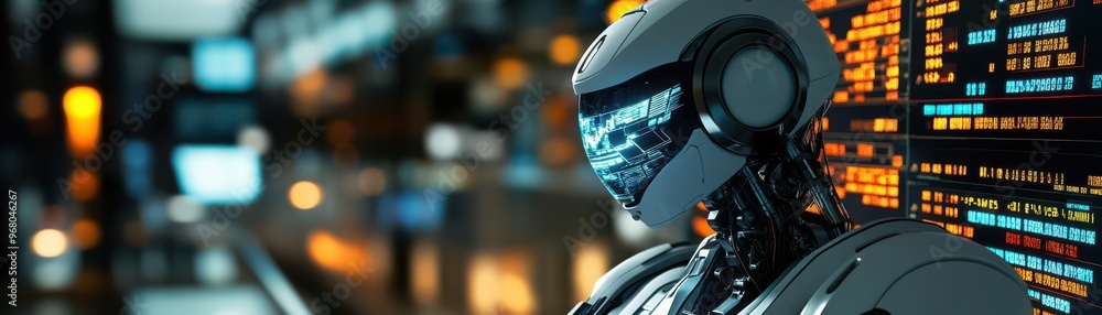 Fototapeta premium Futuristic robot with glowing blue eyes in a tech-filled environment.