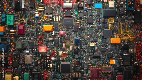 Close-up view of a complex electrical circuit board, with colorful components, wires, and microchips