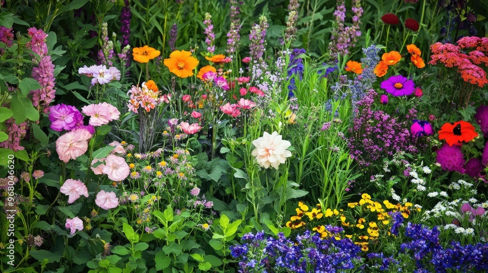 Fototapeta premium Horizontal alignment of diverse flowers in a garden bed, showcasing a mix of bright colors and varying bloom sizes