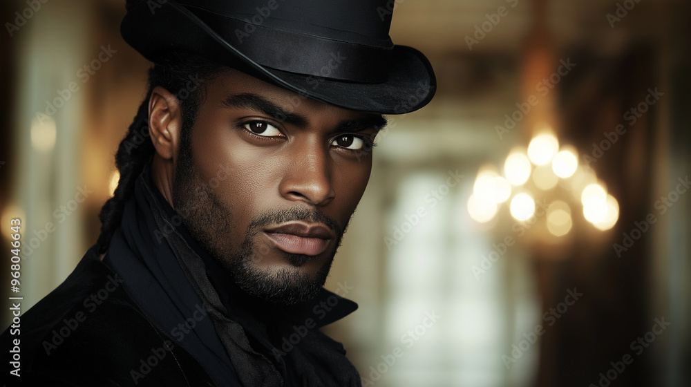 A regal black vampire dressed in elegant Victorian attire, standing in the dimly lit halls of a grand mansion, his piercing eyes glowing faintly, the soft candlelight casting long A regal black vampire dressed in elegant Victorian attire, standing in the dimly lit halls of a grand mansion, his piercing eyes glowing faintly, the soft candlelight casting long