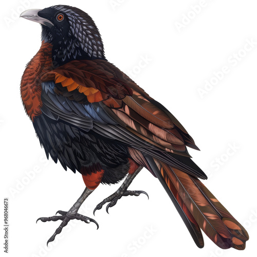 A detailed illustration of a bird with black, brown, and red feathers, standing on a white background. photo