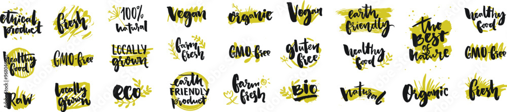 Eco labels and stamps for natural products, handwritten green black inscriptions for food and cosmetics, bio and ethical stamps design, vector set Eco labels and stamps for natural products, handwritten green black inscriptions for food and cosmetics, bio and ethical stamps design, vector set