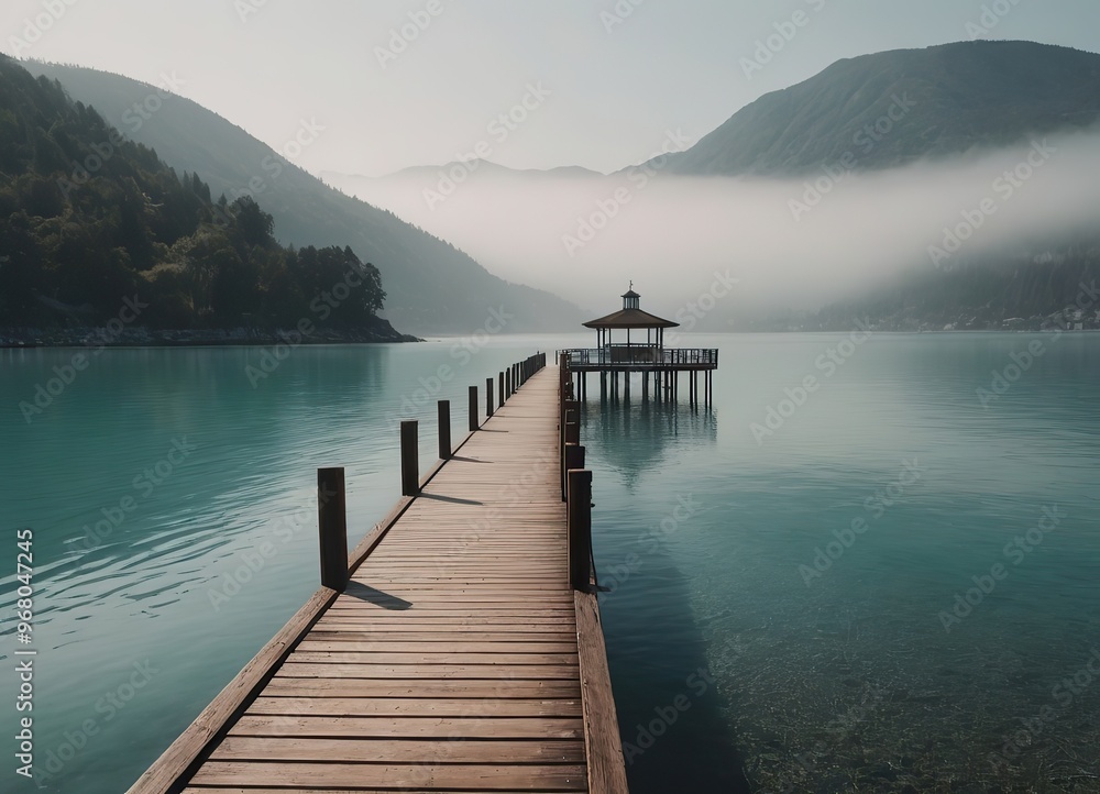 A Beautiful Serene Lake View Featuring a Wooden Pier Set Within a Misty Landscape Scene A Beautiful Serene Lake View Featuring a Wooden Pier Set Within a Misty Landscape Scene