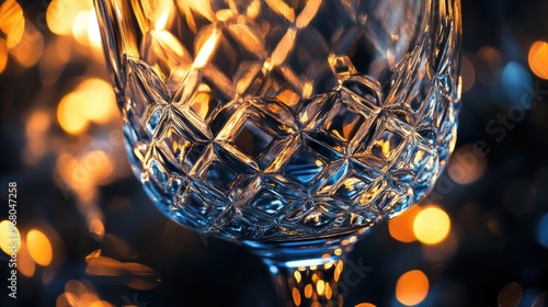 Macro photography of crystal glassware against a dark background, showcasing elegant patterns and light reflections