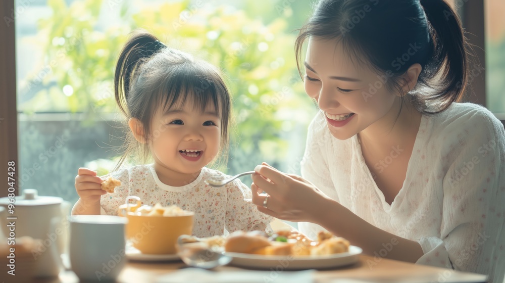 A cheerful mother enjoys breakfast with her delighted daughter in a sunlit dining area while sharing smiles and laughter A cheerful mother enjoys breakfast with her delighted daughter in a sunlit dining area while sharing smiles and laughter