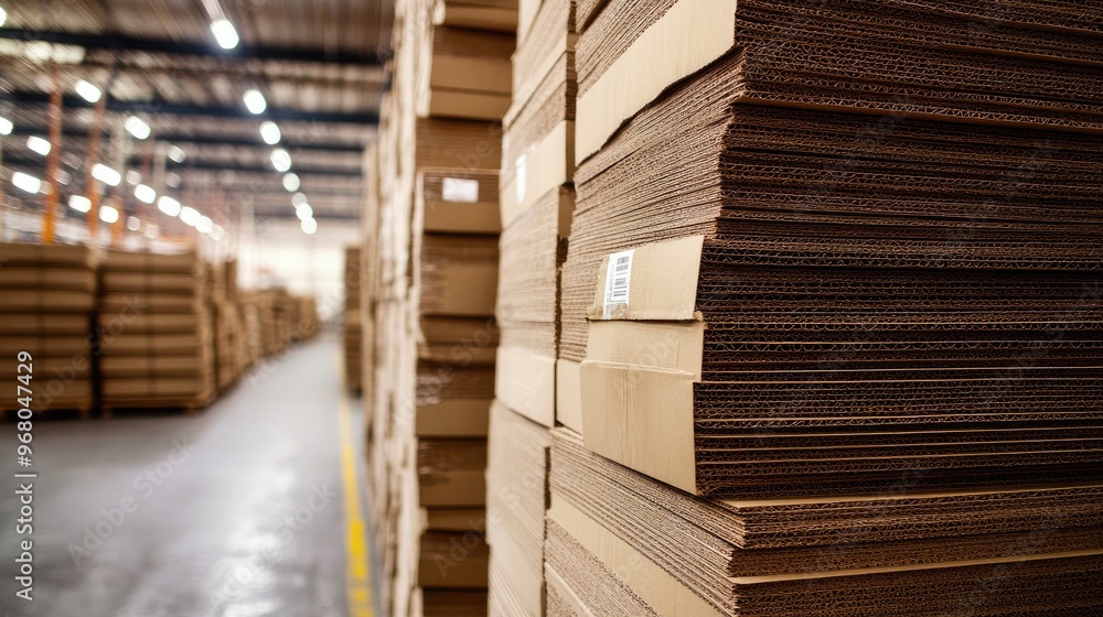 Stacks of corrugated cardboard boxes in a warehouse, representing packaging and shipping materials8 Stacks of corrugated cardboard boxes in a warehouse, representing packaging and shipping materials8