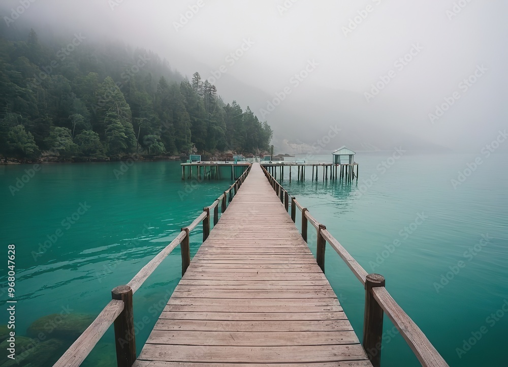 Fototapeta premium A Beautiful Serene Lake View Featuring a Wooden Pier Set Within a Misty Landscape Scene