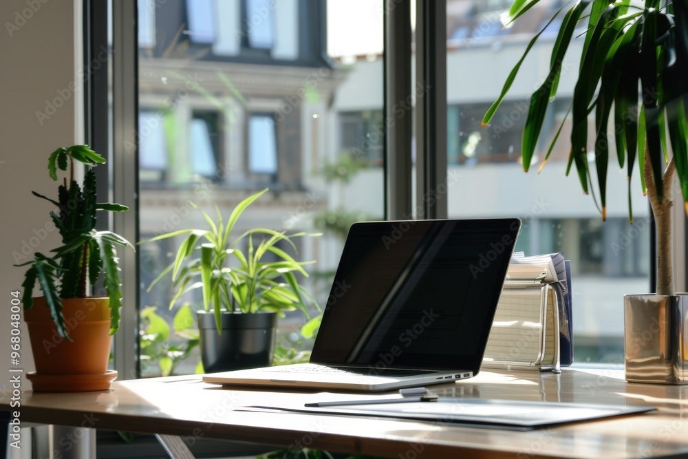 A laptop is on a desk next to a potted plant,generative ai image A laptop is on a desk next to a potted plant,generative ai image
