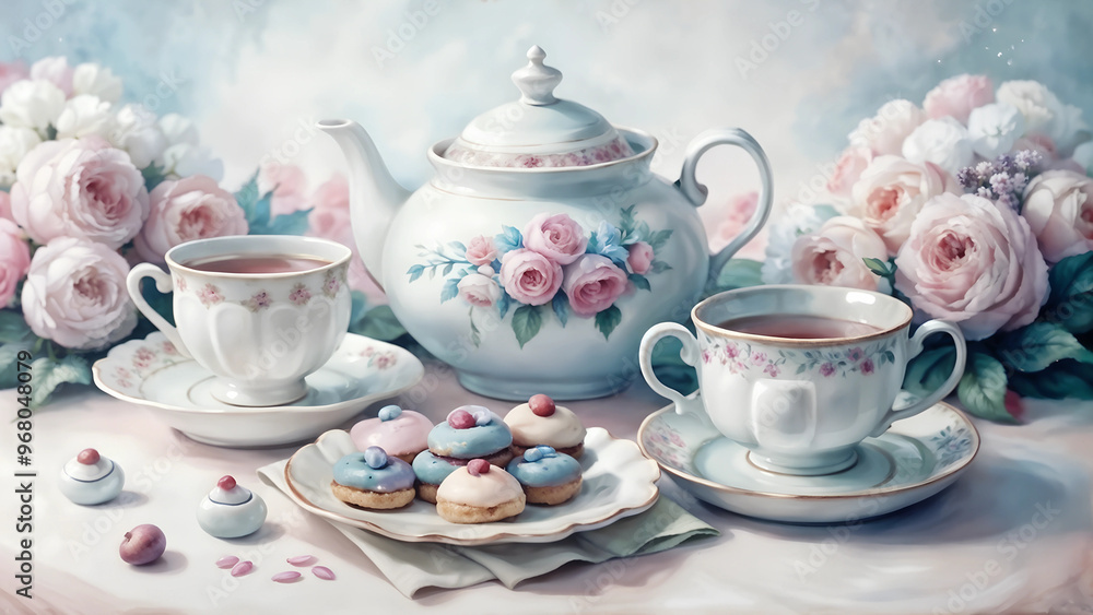 Watercolor still life with tea set and pastries, copy space Watercolor still life with tea set and pastries, copy space