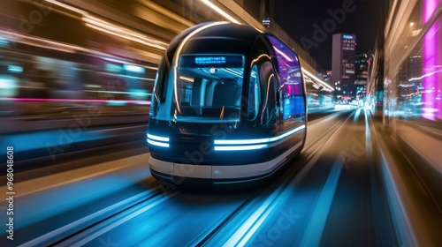 Futuristic Train Travelling at High Speed Through City at Night photo