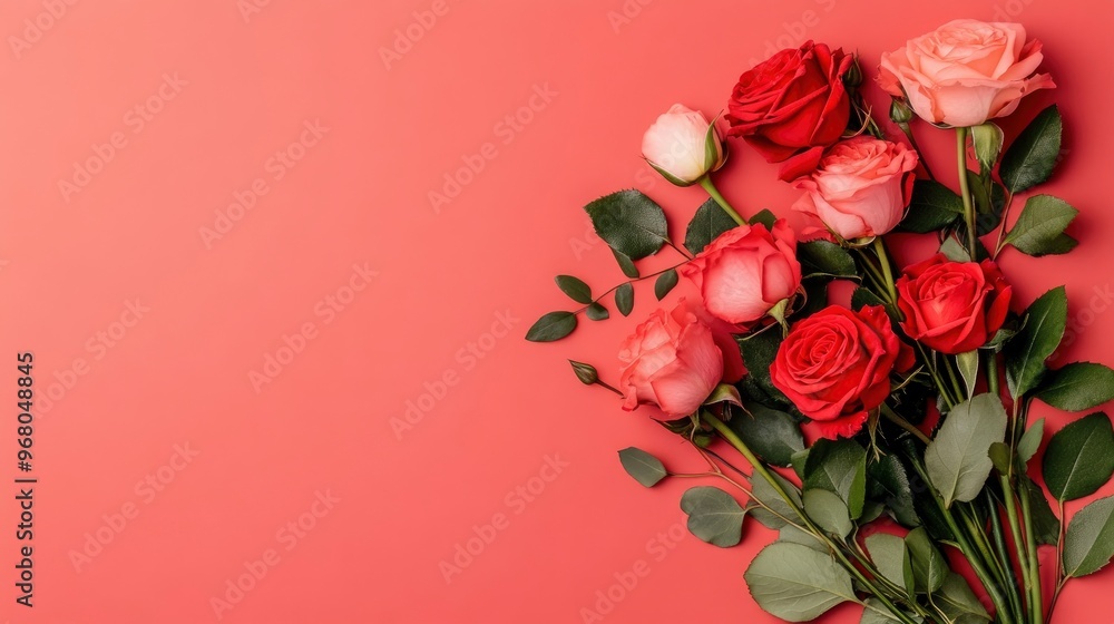 Bouquet of Pink and Red Roses on Coral Background Bouquet of Pink and Red Roses on Coral Background