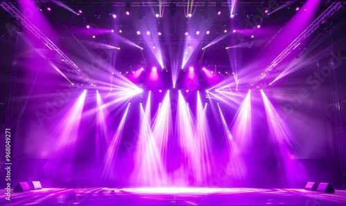 Vibrant Purple Stage Lighting Illuminating an Empty Theater Setup During a Live Performance