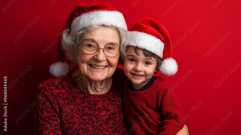 copy space, portrait of an elderly woman, grandmother with santa hat and grandchild with santa hat posing indoor. Quality time with family. Merry Christmas. Christmas decoration. Background for chris copy space, portrait of an elderly woman, grandmother with santa hat and grandchild with santa hat posing indoor. Quality time with family. Merry Christmas. Christmas decoration. Background for chris