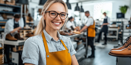 Maßschuhmacherin in moderner Werkstatt mit Team bei der Anfertigung von handgefertigten Schuhen photo