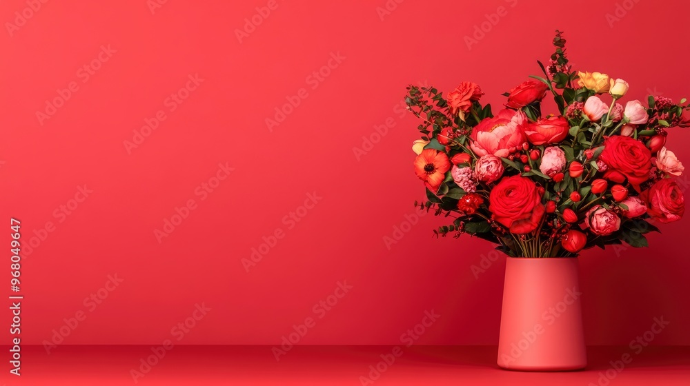 Obraz premium Red Flower Bouquet in a Vase on a Red Background