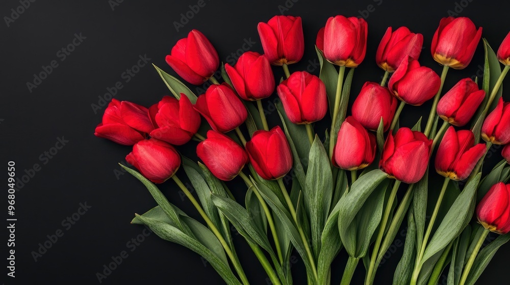 Obraz premium Red Tulips on Black Background