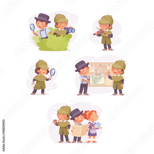Inspecting Detective Boy and Girl Character Investigating Case Vector Set