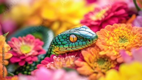 Green wooden snake coiled a...