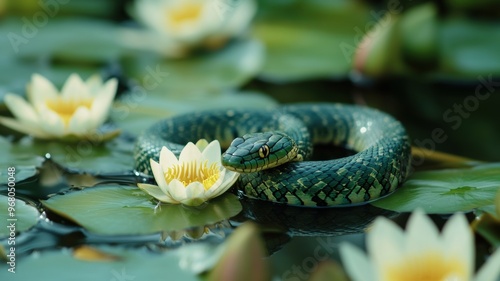 Detailed green snake and wa...
