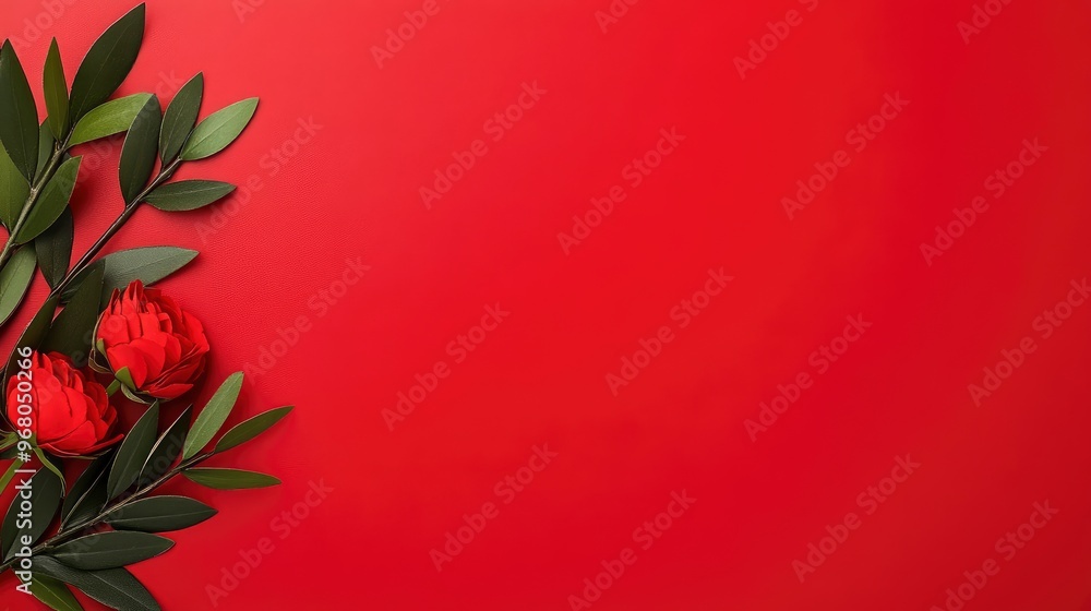 Red Flowers and Green Leaves on Red Background Red Flowers and Green Leaves on Red Background