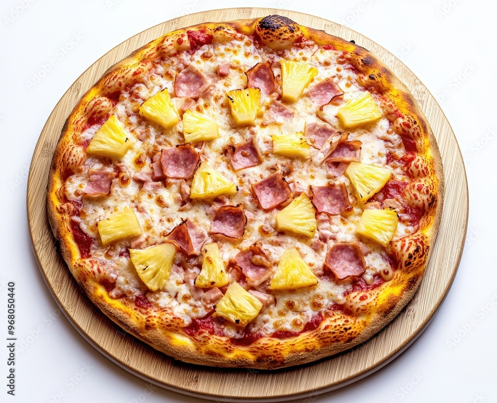 pizza with pineapple, ham, and cheese on a wooden plate, isolated on a white background pizza with pineapple, ham, and cheese on a wooden plate, isolated on a white background