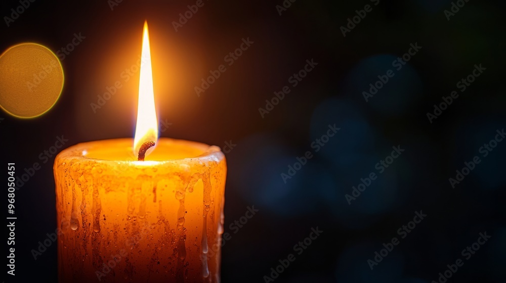 Burning Candle Flame in Darkness with Bokeh Lights Burning Candle Flame in Darkness with Bokeh Lights