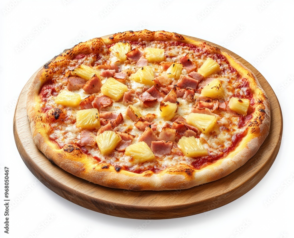 pizza with pineapple, ham, and cheese on a wooden plate, isolated on a white background pizza with pineapple, ham, and cheese on a wooden plate, isolated on a white background