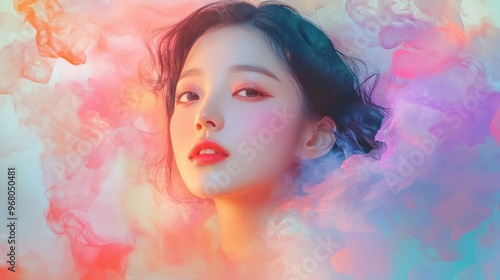 Woman's Face Emerging from Abstract Colorful Smoke