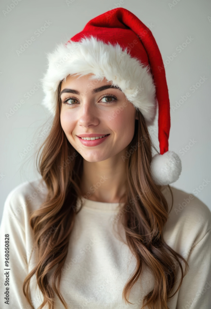 Portrait studio d'une jeune femme souriante portant un bonnet de père noël Portrait studio d'une jeune femme souriante portant un bonnet de père noël