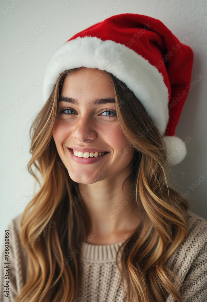 Portrait studio d'une jeune femme souriante portant un bonnet de père noël Portrait studio d'une jeune femme souriante portant un bonnet de père noël