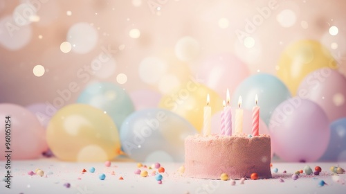 Light pastel birthday celebration background with a cake and candles on the right side, balloon and confetti decorations on the left, perfect for festive invitations or party announcements