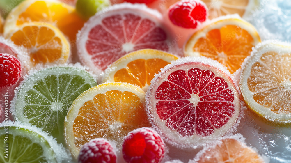 colorful frozen fruits. citrus sliced, rasberry colorful frozen fruits. citrus sliced, rasberry