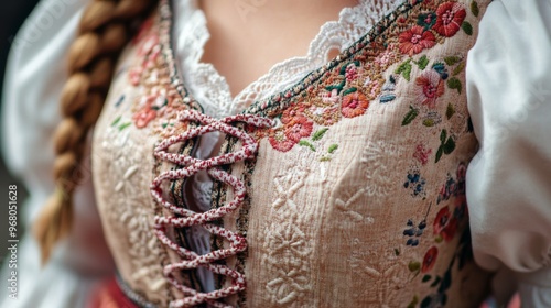 Close-up of a Floral Embroidered Dress with Red Lacing photo