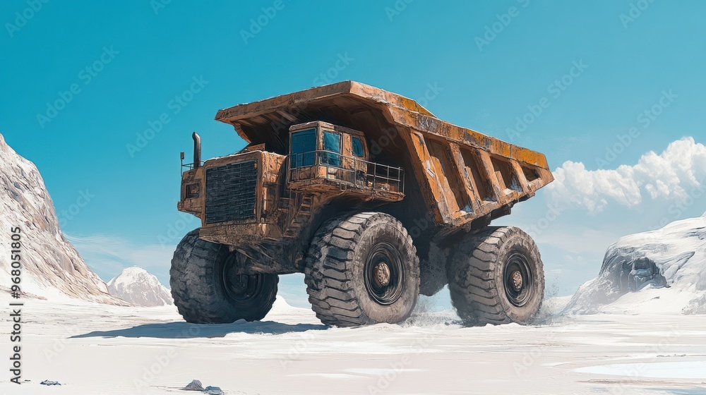 Rusty Yellow Dump Truck in a Snowy Mountain Landscape Rusty Yellow Dump Truck in a Snowy Mountain Landscape