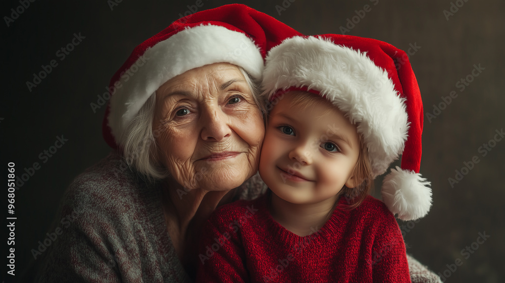 copy space, portrait of an elderly woman, grandmother with santa hat and grandchild with santa hat posing indoor. Quality time with family. Merry Christmas. Christmas decoration. Background for chris copy space, portrait of an elderly woman, grandmother with santa hat and grandchild with santa hat posing indoor. Quality time with family. Merry Christmas. Christmas decoration. Background for chris