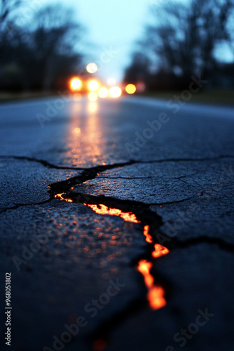 A close-up view of a cracked road with a warm glow, capturing the impact of wear and natural elements on urban infrastructure. photo