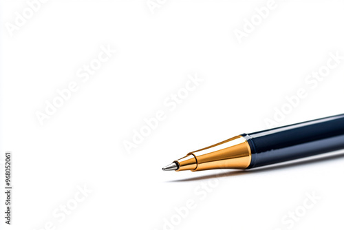 A close-up view of a sleek, modern pen with a gold tip against a clean, white background, perfect for office or stationery themes.