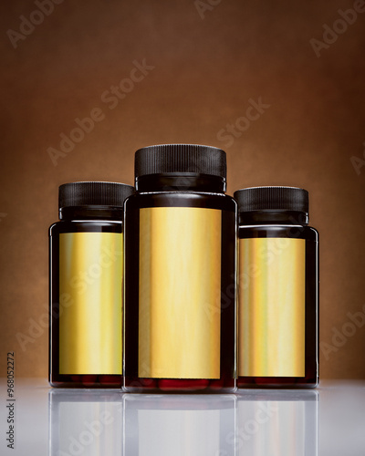 hree amber bottles with black lids arranged closely on a reflective surface, set against a warm brown background. The scene captures the simplicity and elegance of the bottles, emphasizing their gloss photo